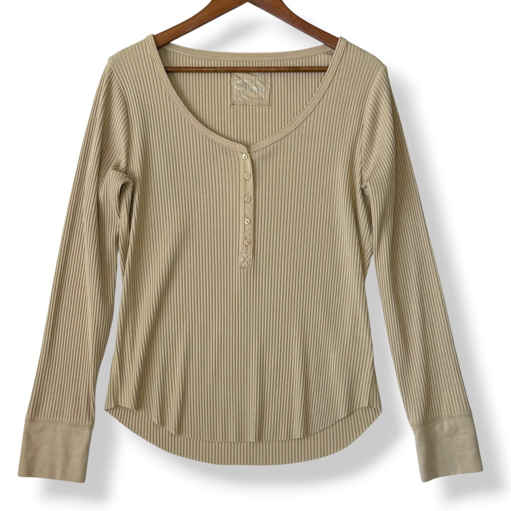 Aerie Henley Top XL Tan Ribbed Long Sleeve Button Neck Casual Loungewear Neutral